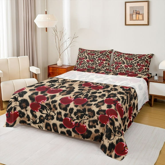 Feelyou Cartoon Cherry Teen Twin Sheet Sets, Brown Cheetah Print Bedding, 3 Pieces