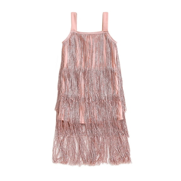 Suealasg Kids Girls Tassel Dress Child Girls Sleeveless Sling Square Neck Dress Little Girls Summer Fringe Layered Party Skirt