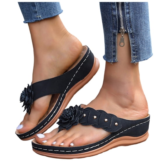 Rokment Flower Platform Wedge Dress Backless Sandals for Women Plantar Fasciitis with Arch Support Boho Beach Casual Leather Chunky Heel Orthotic Flip Flops Walking Slides Slippers Black Size 6.5