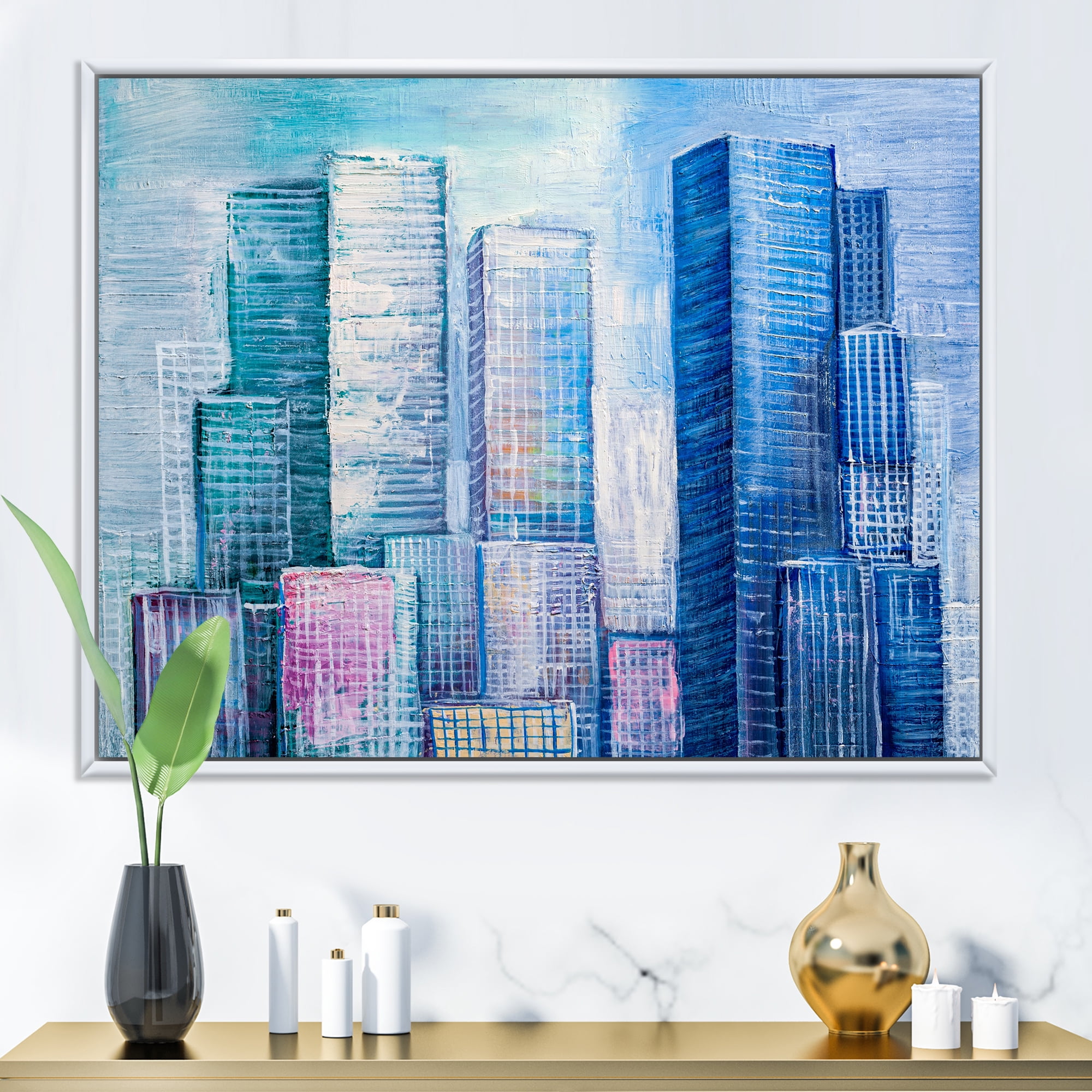 Designart 'Abstract Style Cityscape Panorama Skyscrapers I' Modern Framed Canvas Wall Art Print