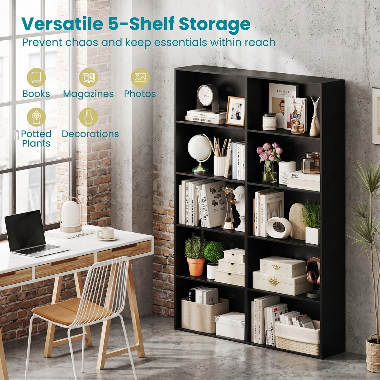 Furnibear 5-Tier Bookshelf, 67 Inch Modern Wood Storage Bookcase, Multi-Functional Display Cabinet with 2 Anti-Tipping Kits for Living Room, Bedroom, Home Office and