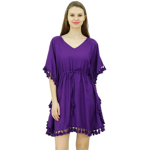 Bimba Women's V Neck Tassel Kaftan Short Rayon Caftan Designer Beachwear Coverup Dress