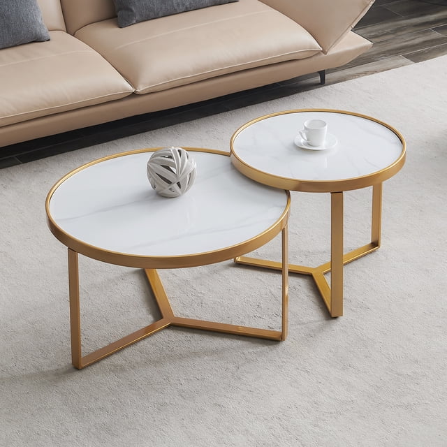 Mesa de centro nido moderna, estructura de metal dorado con tapa redonda de piedra sinterizada esquí esquí Gafas de esquí