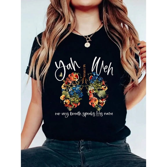 Our Very Breath Speaks His Name YHWH Christian Religious T-Shirt Print Cotton T-Shirt For Summer, Women's Soft Short Sleeve Top, Stylish Comfy Tee For Women Graphic Tees
