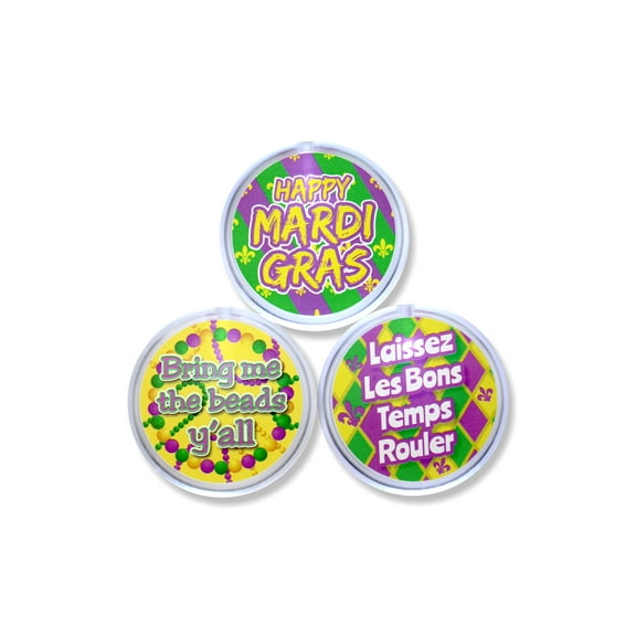 3 Pack - Mardi Gras Light Up Blinking LED Pinback Button Badges - 2 Inch Round