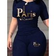 thumbnail image 3 of Women 2 Piece Outfit Round Neck Short Sleeve Paris Print T-shirt and High Waist Leggings Set, 3 of 5
