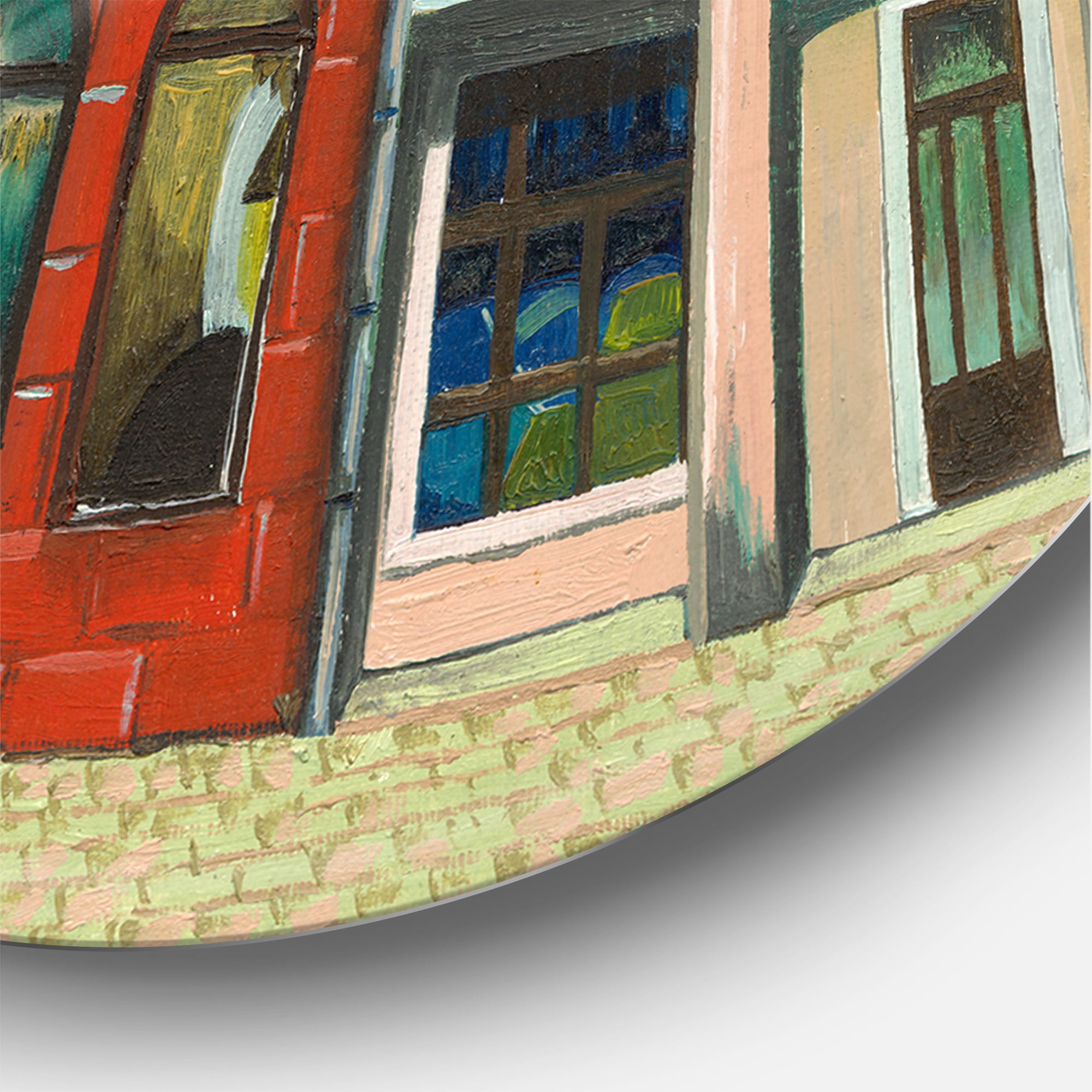 Designart 'Vintage Red Facade of Shop In Paris I' French Country Circle Metal Wall Art 11x11 - Disc of 11