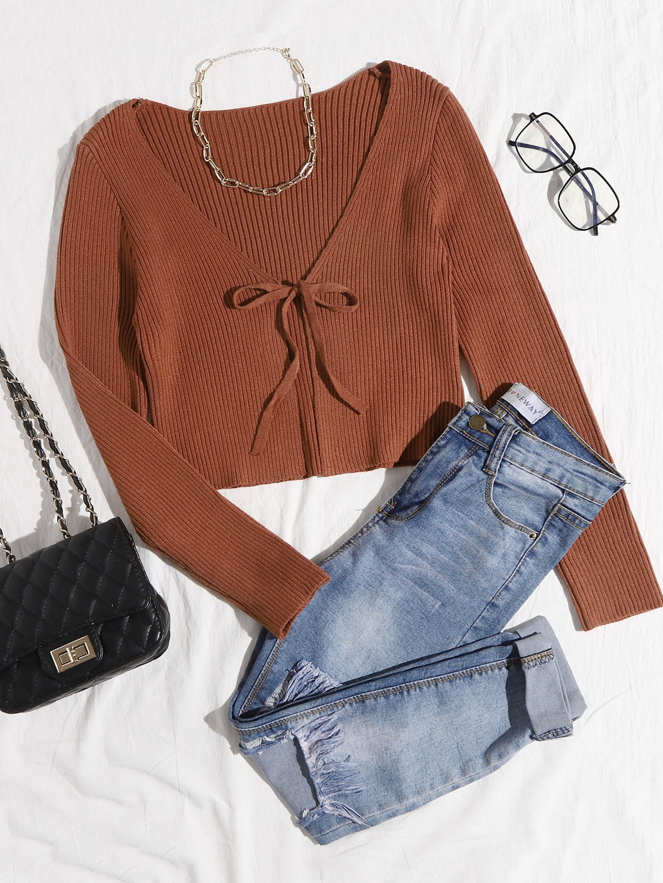 Coffee Brown Tie Front Rib knit 