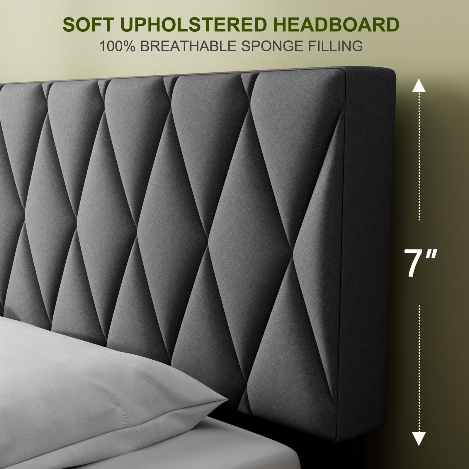 Queen Bed Frame, Lecuneey Queen Size Platform Bed with Fabric Upholstered Headboard, Dark Grey