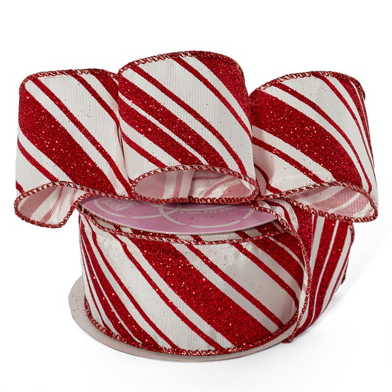 Red Glitter Striped Wired Ribbon Candy Cane Christmas 2 1/2" x 25 Yards 