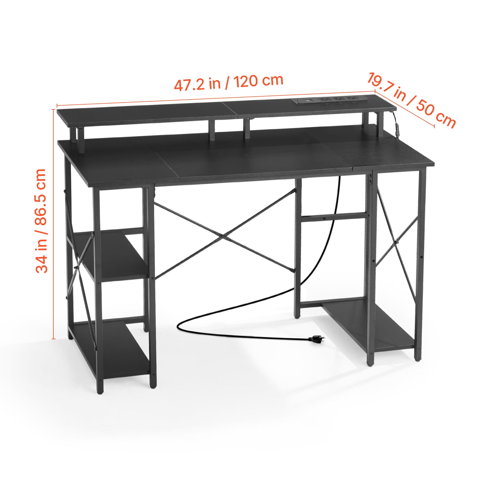 KFFKFF 47" Gaming Desk with LED Lighting & Power Outlets, Computer Desk with Monitor Riser and Storage Shelves, Black