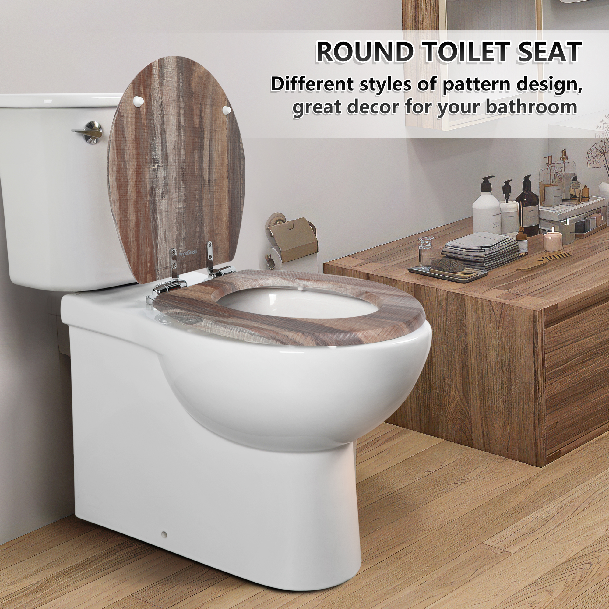 Angol Shiold Wood Round Toilet Seat with Quiet Close, Easy Clean, Quick-Release Metal Hinges ( Round 16.5'', Dark Board )