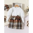 thumbnail image 2 of Bagilaanoe 3Pcs Toddler Baby Girls Autumn ClothesLong Puff Sleeve Ribbed Tops + Plaid Skirt with Belt + Beret 18M 24M 3T 4T 5T 6T Kids Casual Skirt Set, 2 of 7