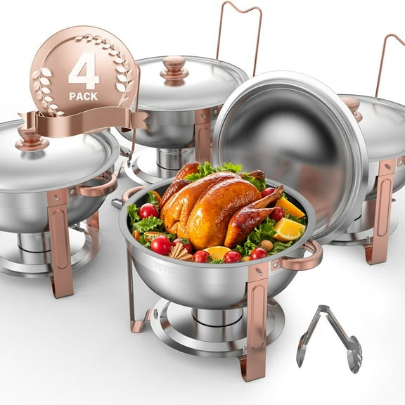 5 Qt Round Chafing Dish Buffet Set of 4, Stainless Steel Full Size Food Warmers with Rose Gold Finish, Folding Frame, Lid Holder, and Clip for Catering, Weddings, and Parties