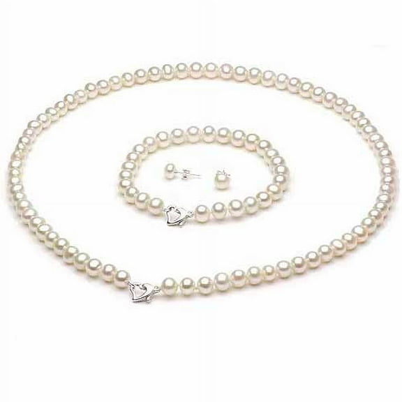 ADDURN 7-8mm White Freshwater Pearl Heart-Shape Sterling Silver Necklace (18"), Bracelet (7") Set with Bonus Pearl Stud Earrings