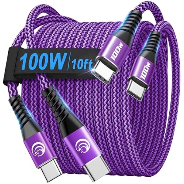 Quyaojz USBC to USBC 100W [10ft/2 Pack] USB C to USB C Fast Charging Cable Braided C to C Charger Cord for MacBook Pro/Air, iPhone 16 15 Plus,iPad Pro,Samsung Galaxy S25 S24 S23,Pixel,PS5,Switch
