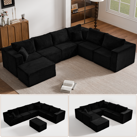 GEMBED Modular Sectional Sofa 155.9" Oversized 7 Seater Upholstered Couch with Deep Seat and Movable Ottoman, No Assembly Required, Black