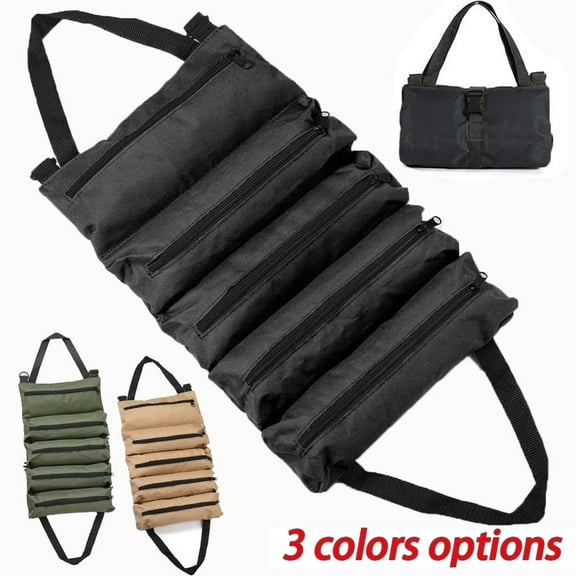 Multi-Purpose Tool Roll Up Bag 5 Pocket Wrench Pouch Canvas Hanging Organizer. (Black)
