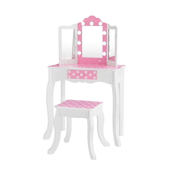 Fantasy Fields Gisele Polka Dot Kids Vanity Table & Stool with LED, White & Pink
