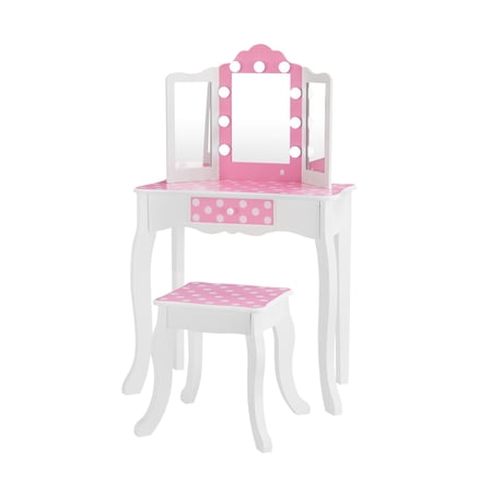 Fantasy Fields Gisele Polka Dot Kids Vanity Table & Stool with LED White & Pink