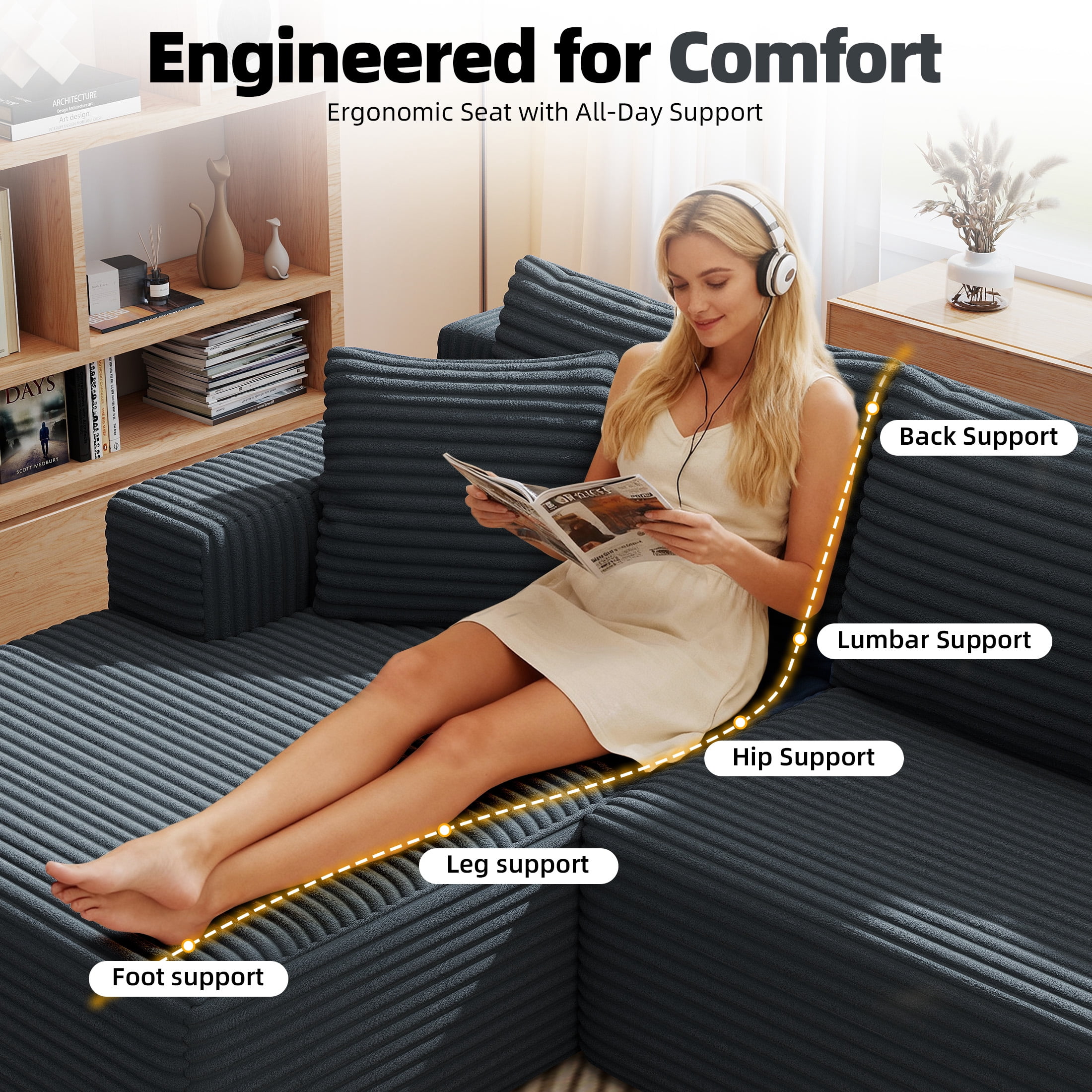 AENKYO 96" Cloud Modular Sectional Sofa with L-Shape Chaise, Deep Seat Corduroy Upholstered Couch, No Assembly Required, Dark Gray