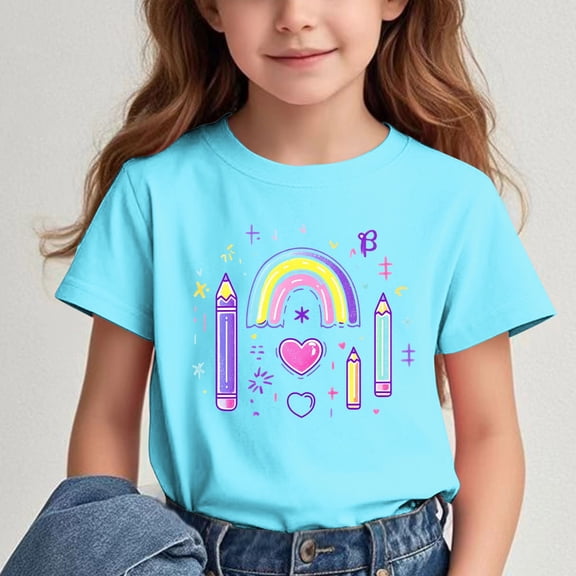 Fatuov Girls Cute Print T-Shirts Summer Short Sleeve Everyday Graphic Tee for Kids Boys Crew Neck Back to School Tops 11 Years, Sky Blue