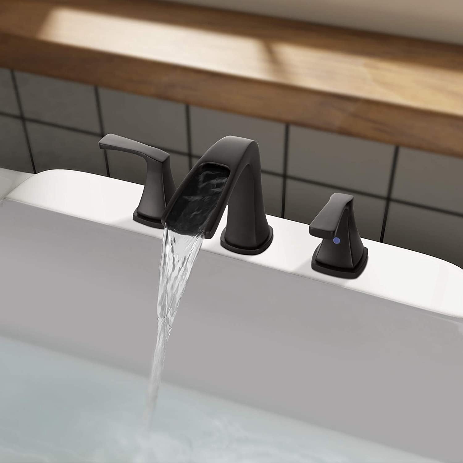 8" Widespread Bathroom Sink Faucet 3holes 2 Handle Waterfall Mixer w/Drain Black