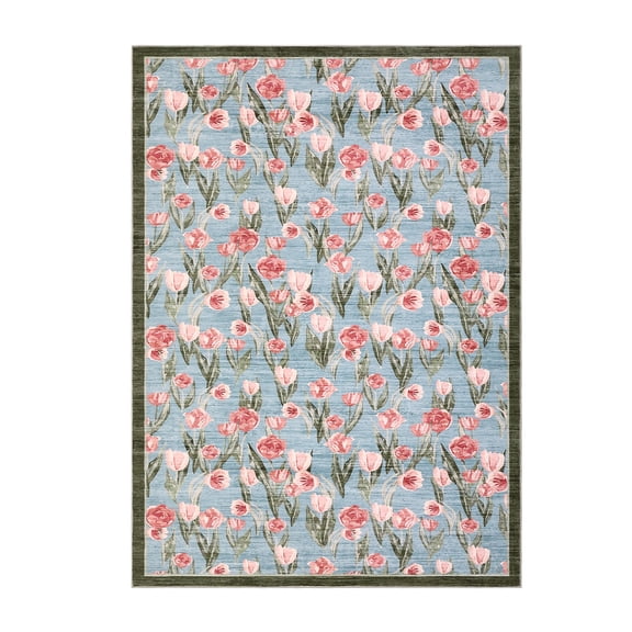 Vintage Floral Area Rug - Washable Non-Slip Low Pile Carpet - Soft Modern Tulip Print Indoor Decorative Rug, Spot Resistant for Living Room, Bedroom, Dining Room, Office - Blue-Gray, 6x9ft