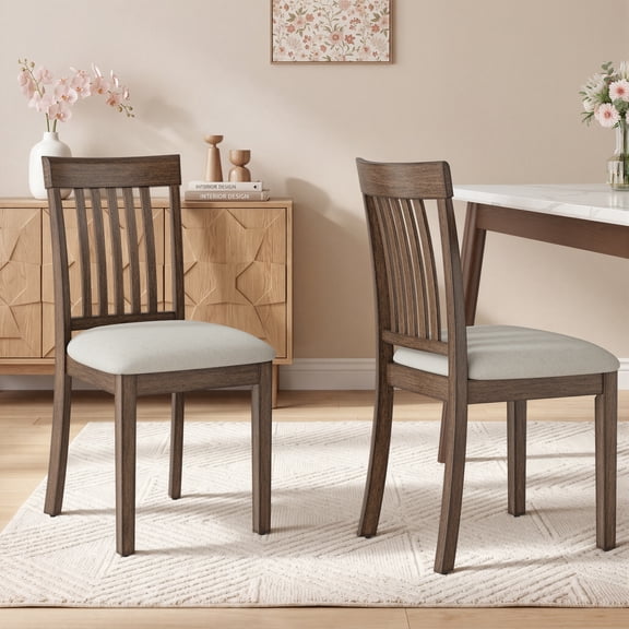 EOP Upholstered Dining Chair Set of 2, Farmhouse Kitchen Wood Chairs with Backrest, Modern Fabric Padded Dining Chairs for Kitchen, Living Room, Beige Pad