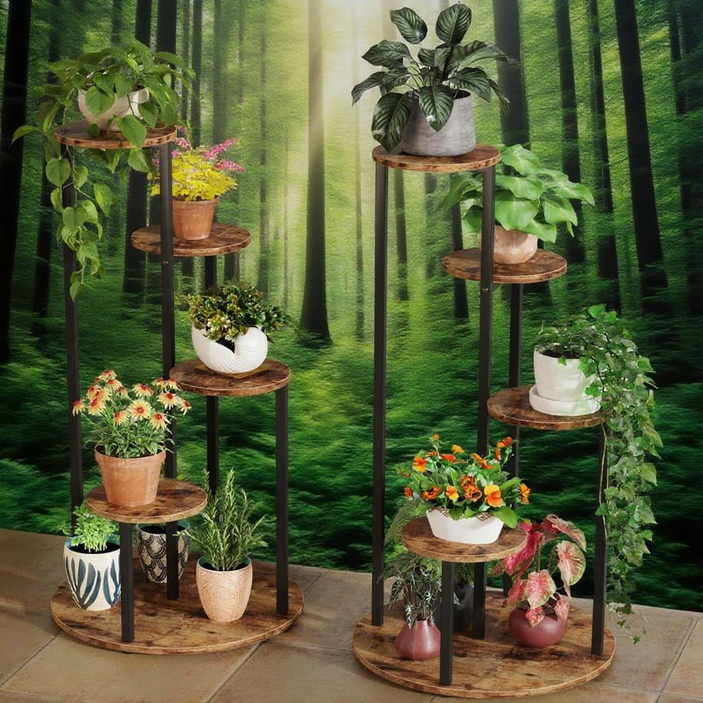 5-Tier Corner Plant Stand Tall Wood & Metal Flower Rack, Rustic Brown Free-Standing Plant Shelf, for Indoor Outdoor Balcony Garden Patio Living Room