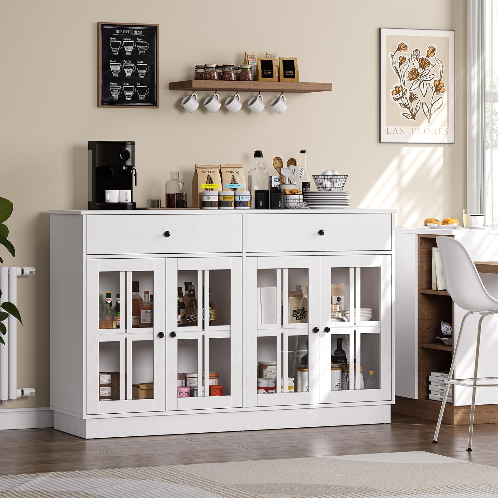 MARNUR 53.3" Modern Sideboard Buffet with 2 Drawers & 4 Glass Doors & LED Light, Large Kitchen Cabinet for Dining Room, Kitchen, Living Room, White