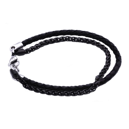 Arista Men's Black Leather Bracelet in Black Plated Solid Stainless Steel, 8.5"