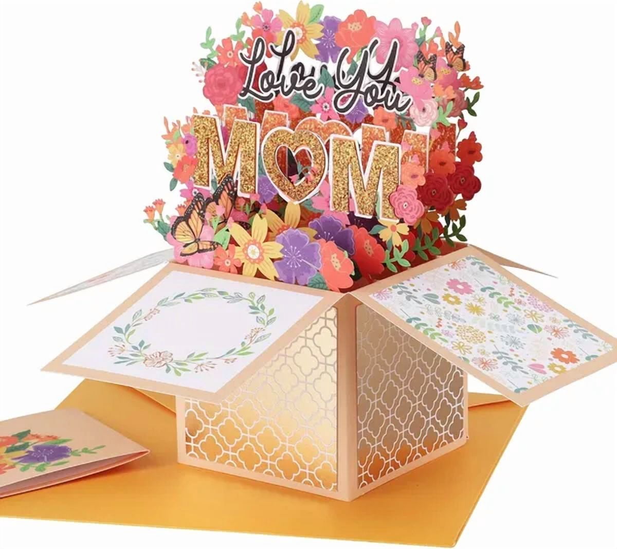 Yellow 3D Pop-Up Mother’s Day Card, Best Mom Ever Handmade Flower Greeting Card with Envelope & Notecard for Mom