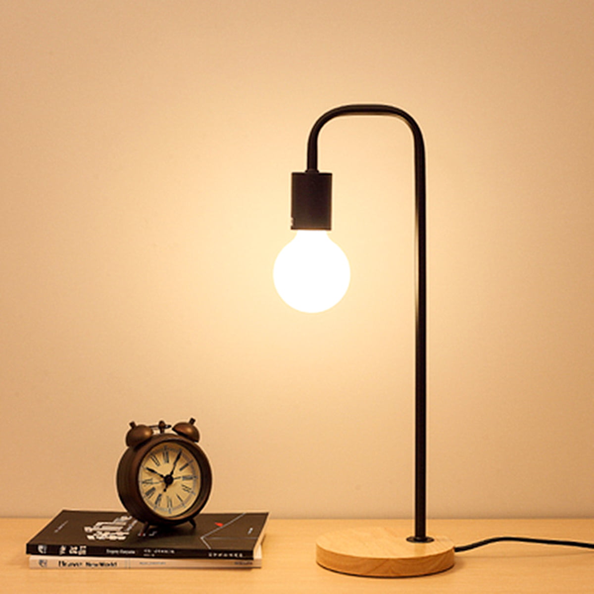 Industrial Table Lamp Nightstand Lamp with Wooden Base