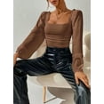 thumbnail image 6 of Women'S Square Neck Long Sleeve Crop Tops Puff Sleeve Ruched Blouse Dark Brown S, 6 of 8