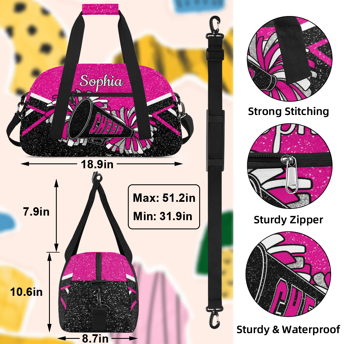 Jiaoprinted Personalized Cheer Bag for Women, Custom Sport Duffel Bag with Name, Customized Gym Bag, Weekender Overnight Bag, Cheerleading Gifts, Pink Black
