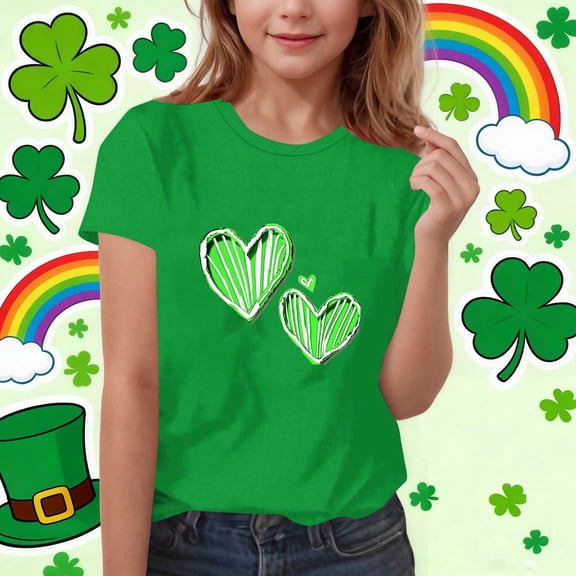 Girls St Patricks Day Shirt Green Heart Print T-Shirt Short Sleeve Comfort Stretch Tee for Kids Ages 4-14,Size 9-10T