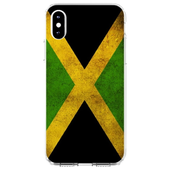DistinctInk Clear Shockproof Hybrid Case for iPhone XR (6.1" Screen) - TPU Bumper, Acrylic Back, Tempered Glass Screen Protector - Jamaica Old Flag Black Green Yellow - Show Your Love of Jamaica