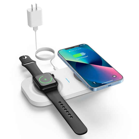 FU1999 Dual Wireless Charging Pad for iPhone and iWatch, 2 in1 Wireless Charger for iPhone 15/14/13/Mini/12/12 Pro/11/X/8/SE, iWatch 8/7/6/SE/5/4/3/2, Airpods 3/2