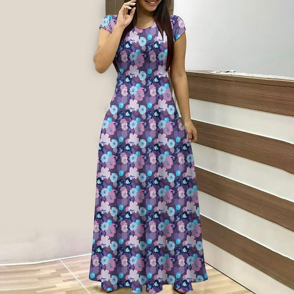 TIANEK Women's Summer Dresses Short Sleeve Floral Maxi Party Dress Slim Long Dresses for Junior