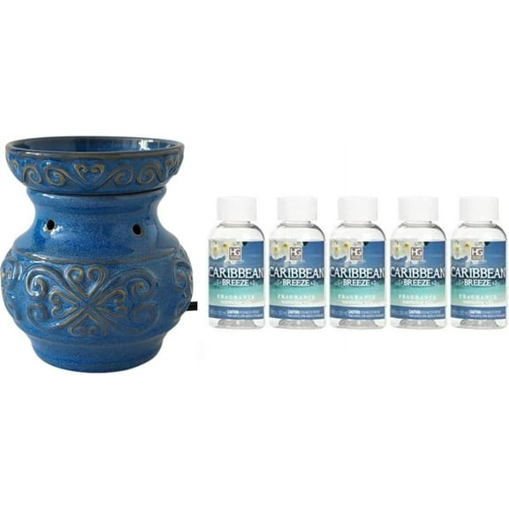 Hosley Gift Set Ceramic Oil Warmer with 5 Caribbean Breeze Scented Warming Oils, Blue, Blue