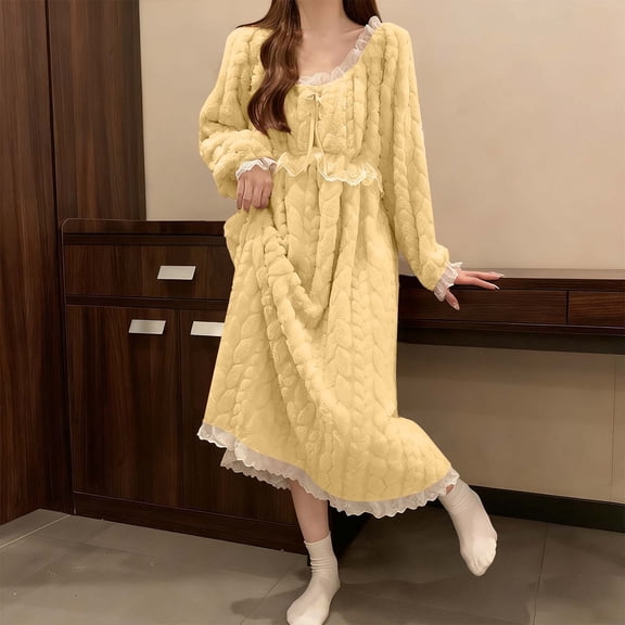 QUNYINEY Womens Nightgowns Long Sleeve Flannel Lace Long Cute Sleep Shirt Jacquard Warm Loose Fit Crew Neck Lounge Wear for Women