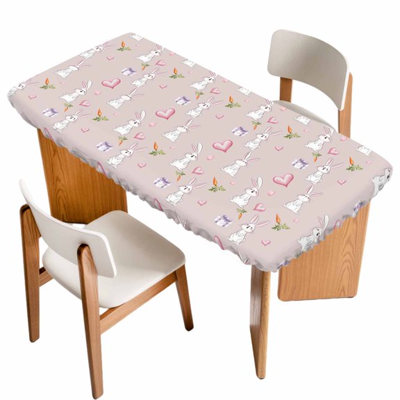 Easter Bunny Table Cloths for 5 Foot Rectangle Tables, Spring Carrots Cute Rabbit Pink Love Heart Gifts Patio Waterproof Elastic Fitted Tablecloths, Washable Rectangular Table Cover for Camping