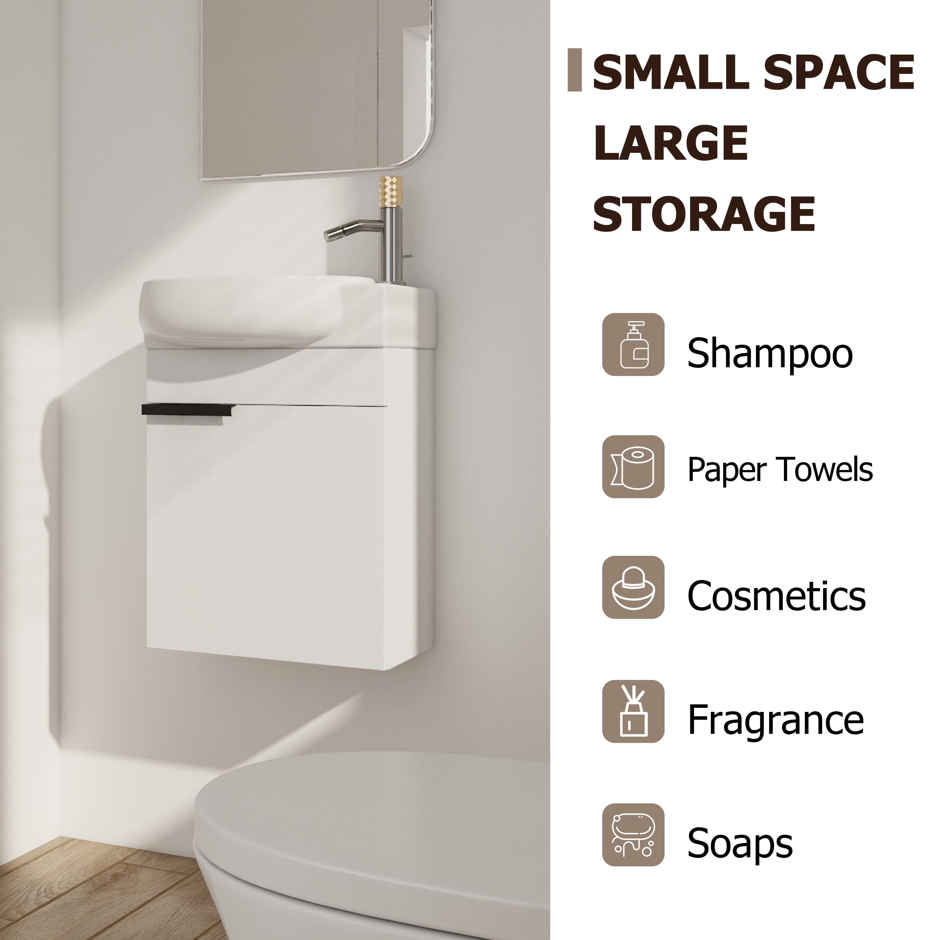 Aukfa 16" Wall Mounted Bathroom Vanity with Sink, Compact Floating Cabinet Vanity for Small Bathroom, Eco-Friendly Plywood Cabinet,White