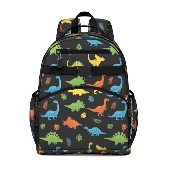 Dinosaur and Leaves Black Pattern Cute School Backpack Bag for School with Padded Back and Adjustable Shoulder Straps 15.25"x11.5"x5.25"