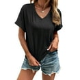 thumbnail image 5 of Liher Women Basic Tshirts V Neck Summer Tops Roll Short Sleeve Tee Shirts Casual Loose Solid Tunic Blouse Top Black XL, 5 of 6