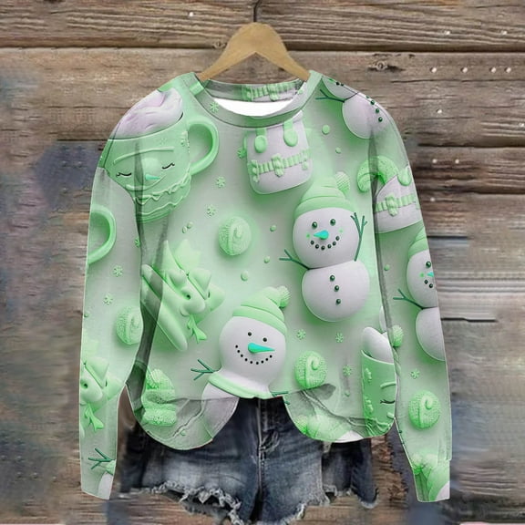 WXLWZYWL Womens Christmas Sweatshirts Cute Xmas Ugly 3D Graphic Print Sweaters Oversized Long Sleeve Round Neck Pullover Tops