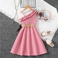thumbnail image 2 of Mercatoo Kid Toddler Girls One Shoulder 𝐑uffles Dress Solid Color Stripe Dress with Belt Summer Fashion 𝐒limming Clothes, 2 of 7