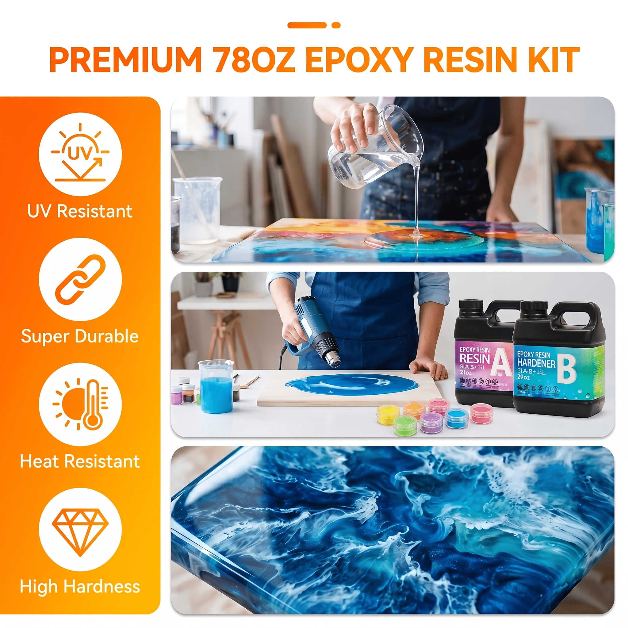 Crystal Clear Epoxy Resin 78oz with 6 color Luminous power- 1:1 Mixing Ratio, Bubble Free & Anti-Yellowing - High Gloss Casting & Coating Resin for Jewelry, River Tables, Bar Top, Countertops & Wood