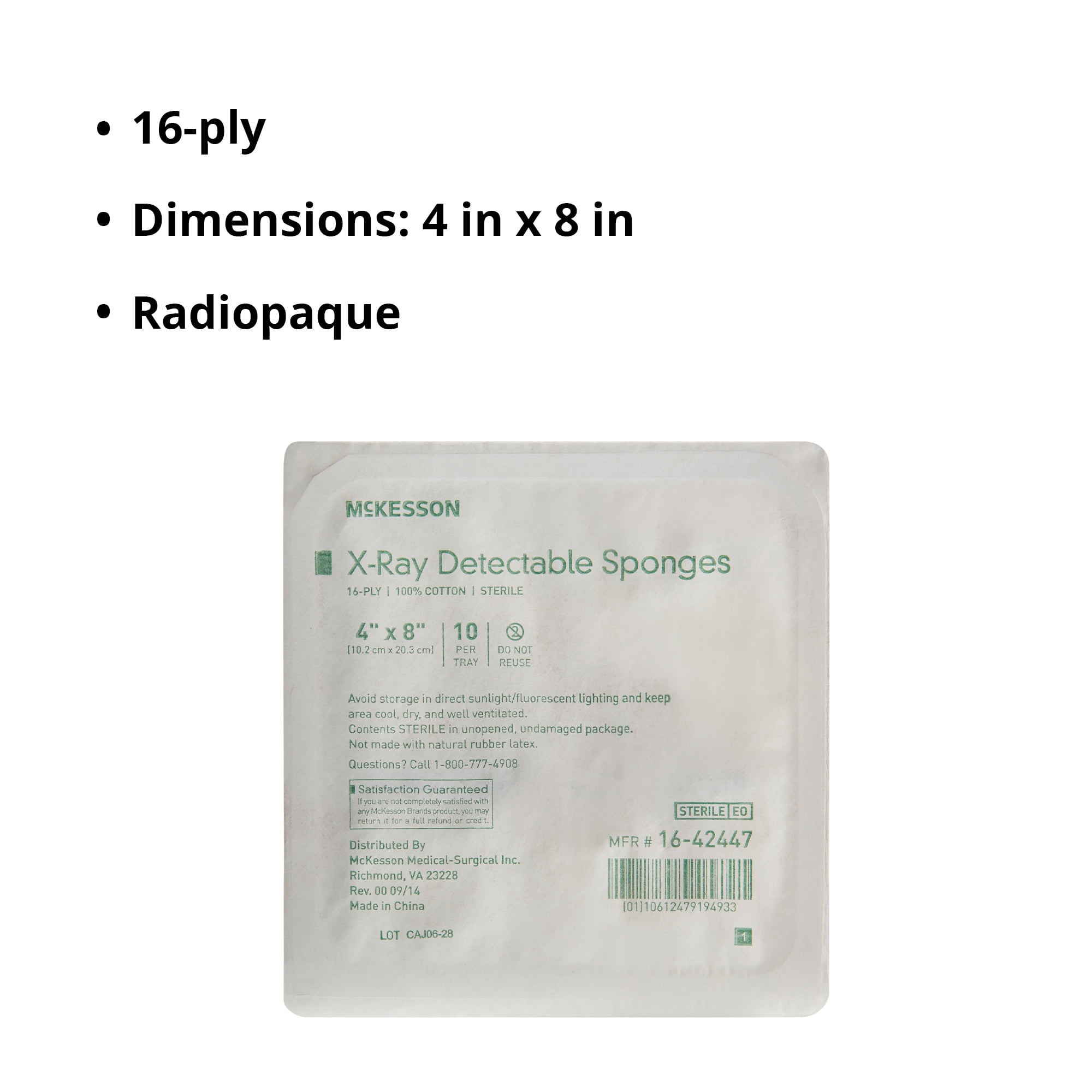 McKesson X-Ray Detectable Gauze Sponges, 16-Ply - Sterile, 4 in x 8in, 10 per Pack, 80 Packs, 800 Total